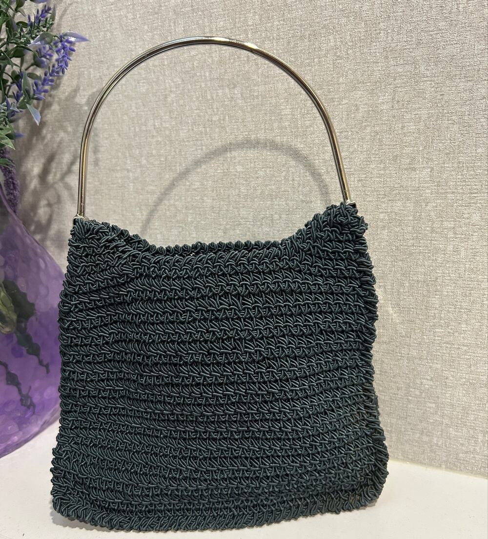 Vintage Y2K Woven Crochet Cord Handbag Silver Metal Handle Gray Evening Purse